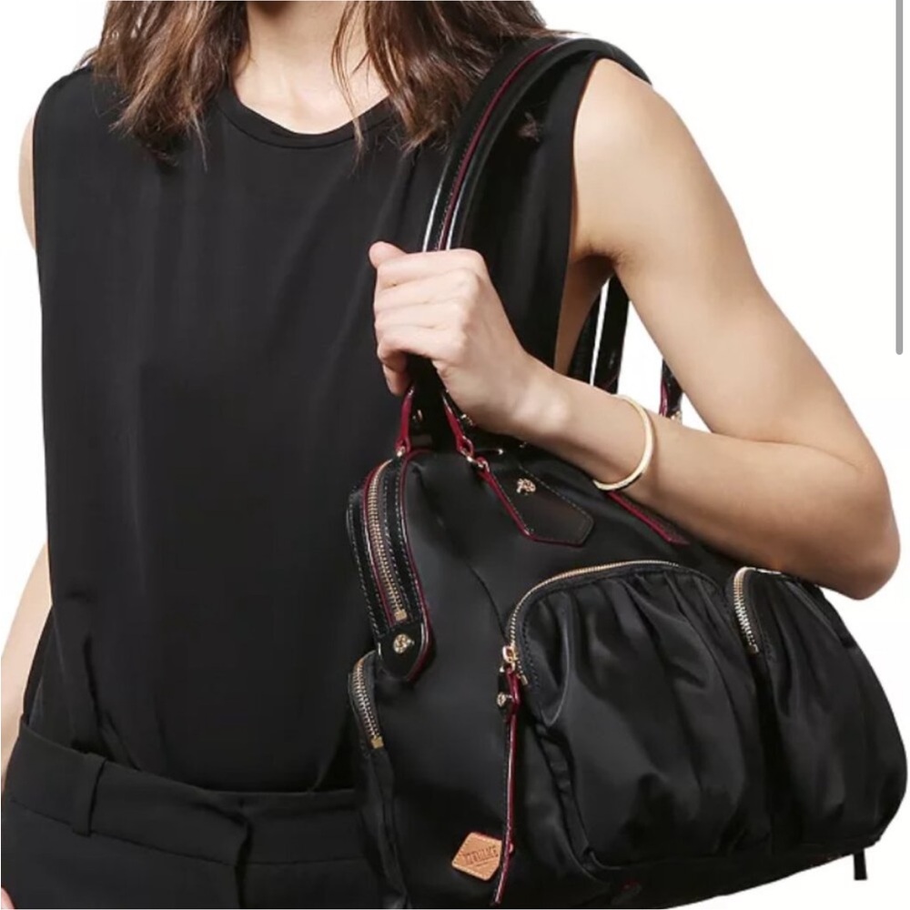 MZ Wallace Jane Black Vinyl Shoulder Bag, Gold Accents, red leather trim